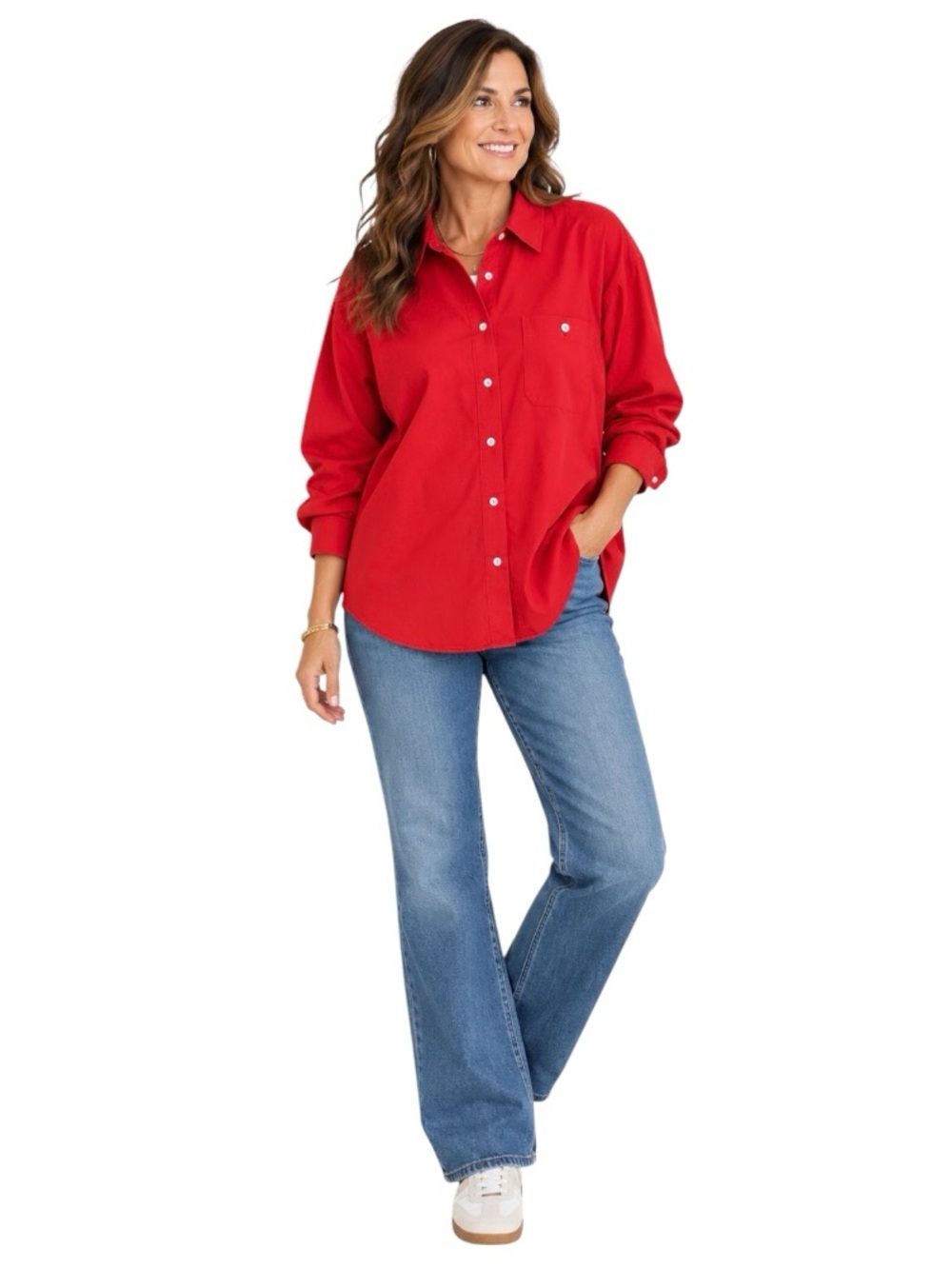 Something Navy Classic Oversized Button Down Shirt Red Cotton Small NWT $150